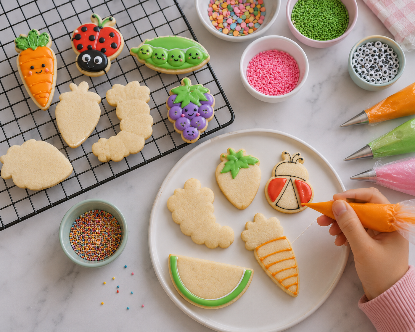 Children decorating fruit, vegetable, and creepy-crawly themed cookies with colourful icing and sprinkles during a cookie decorating workshop at HomeTurf in Durban.