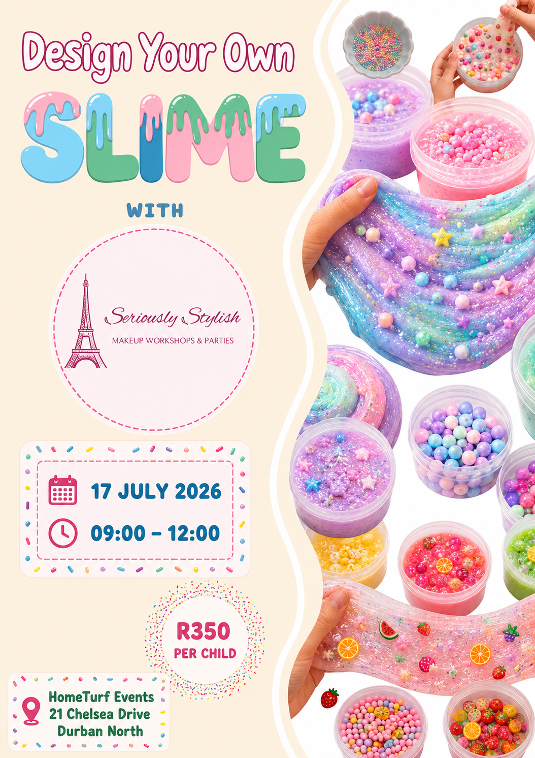 Children creating colourful slime with glitter, beads and charms during a slime-making workshop at HomeTurf in Durban.