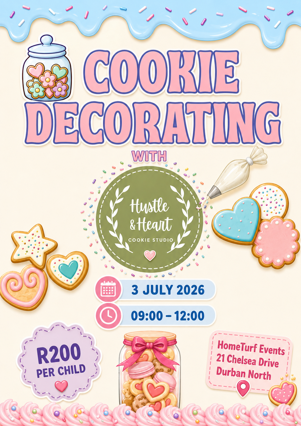 Children decorating fruit, vegetable, and creepy-crawly themed cookies with colourful icing and sprinkles during a cookie decorating workshop at HomeTurf in Durban.