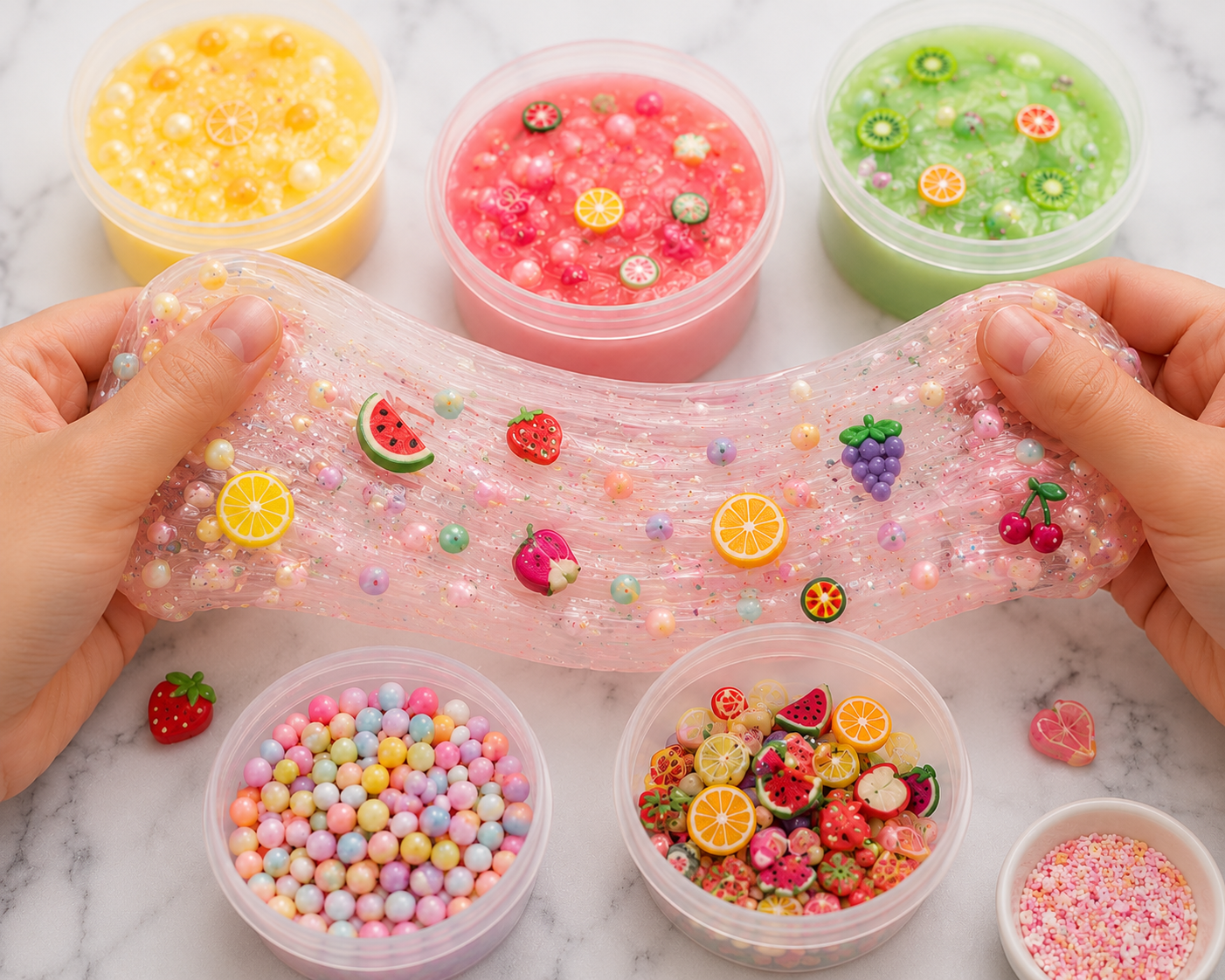 Colorful slime with decorative elements held by hands, surrounded by small containers of slime and accessories on a marble surface.